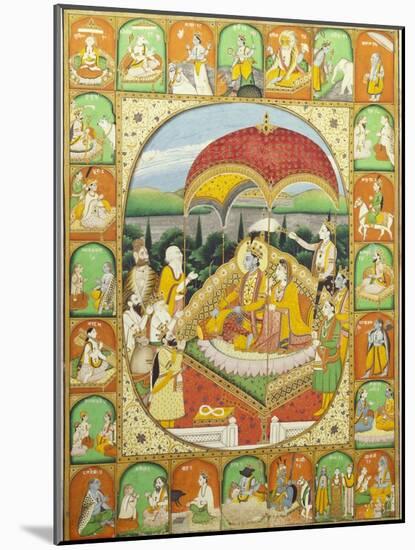 Rama and Sita Enthroned, Worshipped by Shiva, Hanuman and Others, 1800-20 (Gouache)-null-Mounted Giclee Print