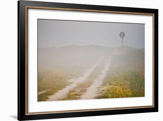 Ranch Road and Windmill in Fog, Texas, USA-Larry Ditto-Framed Photographic Print