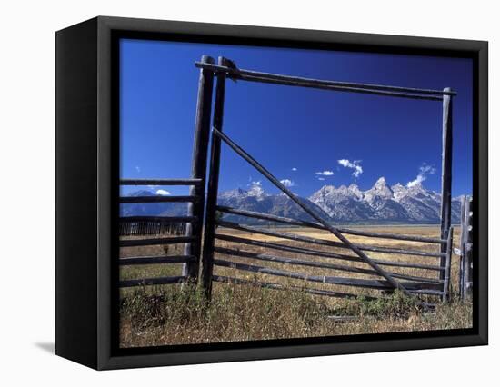 Ranch's Fencing Frames the Mountains of Grand Teton National Park, Wyoming, USA-Diane Johnson-Framed Premier Image Canvas