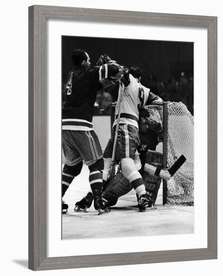 Ranger Goalie Jack McCarran and Detroit Red Wings Gordie Howie During Game-George Silk-Framed Premium Photographic Print