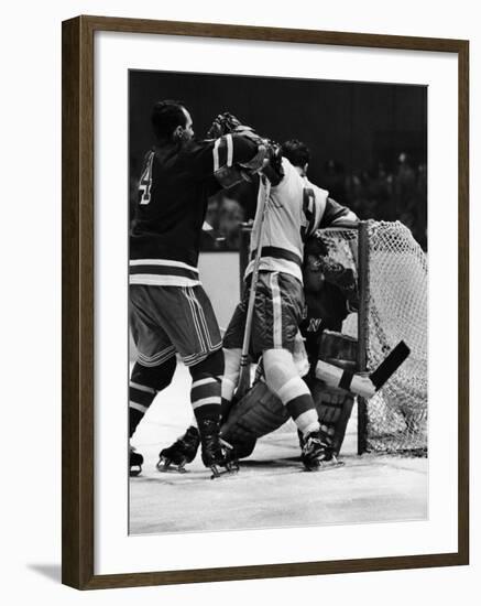 Ranger Goalie Jack McCarran and Detroit Red Wings Gordie Howie During Game-George Silk-Framed Premium Photographic Print