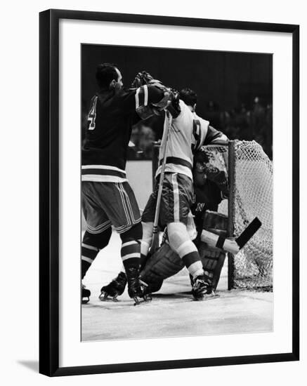 Ranger Goalie Jack McCarran and Detroit Red Wings Gordie Howie During Game-George Silk-Framed Premium Photographic Print