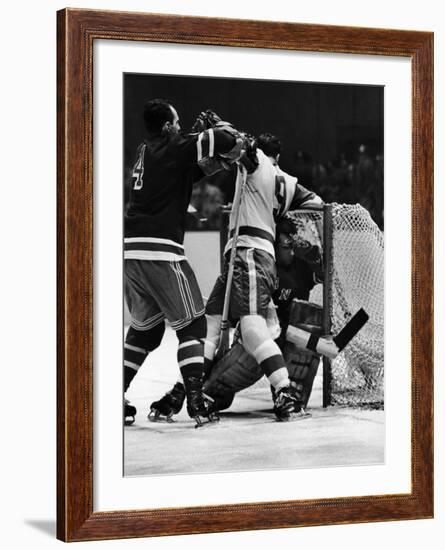 Ranger Goalie Jack McCarran and Detroit Red Wings Gordie Howie During Game-George Silk-Framed Premium Photographic Print