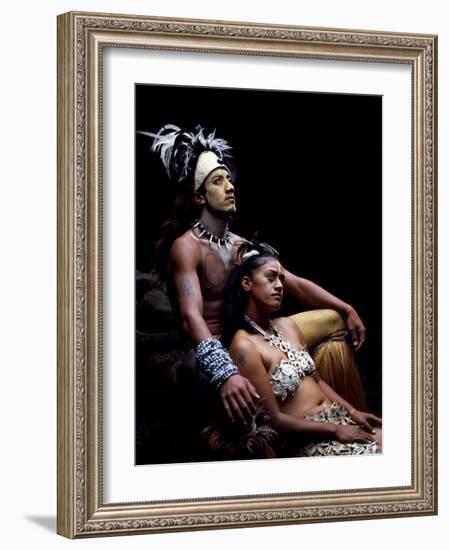 Rapanui Man and Woman, Singa Miguel Angel and Uri Francesca Avaka, in Costume at Te Pahu Caves-John Warburton-lee-Framed Photographic Print