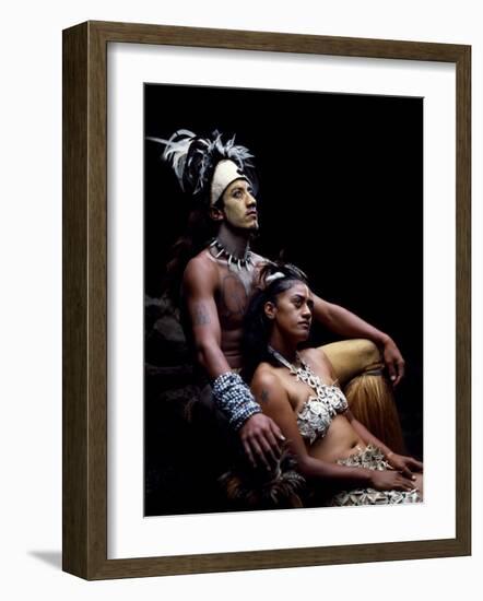 Rapanui Man and Woman, Singa Miguel Angel and Uri Francesca Avaka, in Costume at Te Pahu Caves-John Warburton-lee-Framed Photographic Print