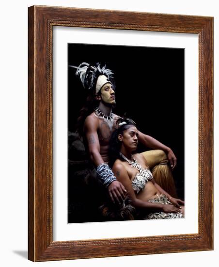 Rapanui Man and Woman, Singa Miguel Angel and Uri Francesca Avaka, in Costume at Te Pahu Caves-John Warburton-lee-Framed Photographic Print