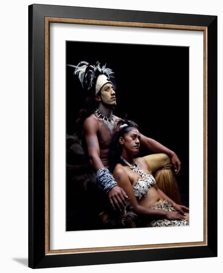 Rapanui Man and Woman, Singa Miguel Angel and Uri Francesca Avaka, in Costume at Te Pahu Caves-John Warburton-lee-Framed Photographic Print