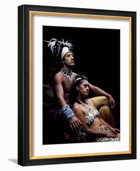 Rapanui Man and Woman, Singa Miguel Angel and Uri Francesca Avaka, in Costume at Te Pahu Caves-John Warburton-lee-Framed Photographic Print