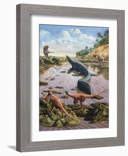 Raptors Attack a Vulnerable Mosasaurus That Remained Aground at Low Tide-null-Framed Art Print
