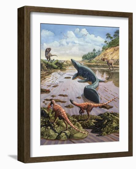 Raptors Attack a Vulnerable Mosasaurus That Remained Aground at Low Tide-null-Framed Art Print