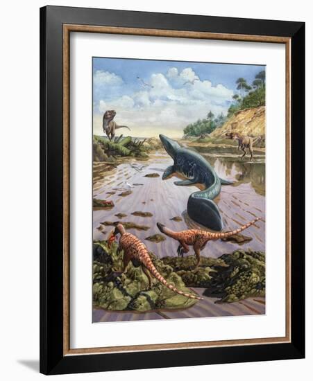 Raptors Attack a Vulnerable Mosasaurus That Remained Aground at Low Tide-null-Framed Art Print