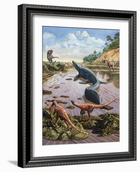 Raptors Attack a Vulnerable Mosasaurus That Remained Aground at Low Tide-null-Framed Art Print