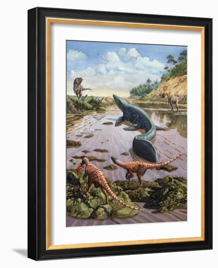 Raptors Attack a Vulnerable Mosasaurus That Remained Aground at Low Tide-null-Framed Art Print