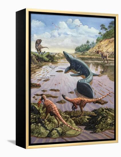 Raptors Attack a Vulnerable Mosasaurus That Remained Aground at Low Tide-null-Framed Stretched Canvas