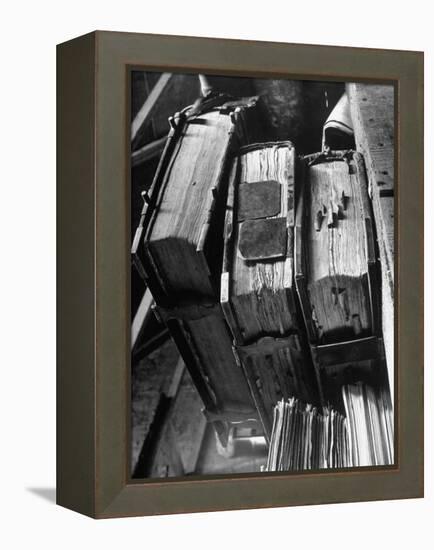 Rare Old, Clasp Bound Books in Library of a French Monastery-null-Framed Premier Image Canvas