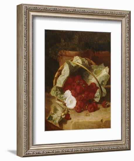 Raspberries in a Cabbage Leaf Lined Basket with White Convulus on a Stone Ledge, 1880-Eloise Harriet Stannard-Framed Giclee Print