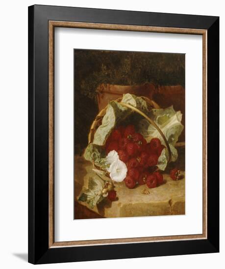 Raspberries in a Cabbage Leaf Lined Basket with White Convulus on a Stone Ledge, 1880-Eloise Harriet Stannard-Framed Giclee Print