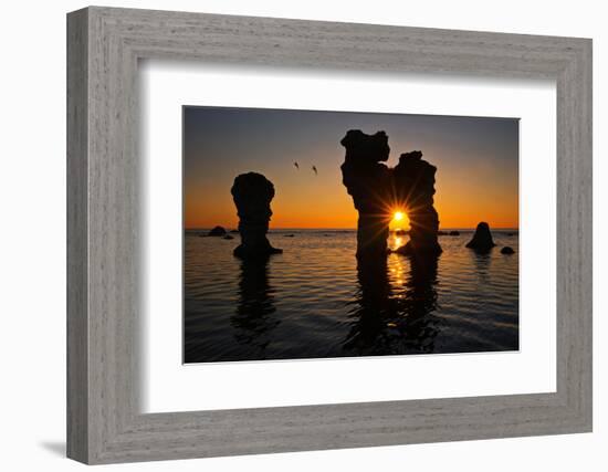 Raukarfelsen Rocks on the Island Farš Near Gotland, Sweden, Silhouette, Sundown-Thomas Ebelt-Framed Photographic Print