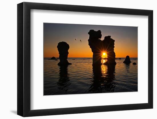 Raukarfelsen Rocks on the Island Farš Near Gotland, Sweden, Silhouette, Sundown-Thomas Ebelt-Framed Photographic Print