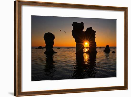 Raukarfelsen Rocks on the Island Farš Near Gotland, Sweden, Silhouette, Sundown-Thomas Ebelt-Framed Photographic Print