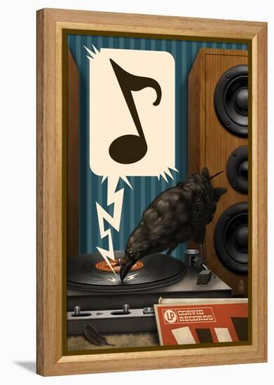 Raven and Record Player-Lantern Press-Framed Stretched Canvas