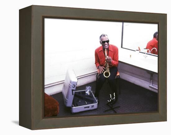 Ray Charles with His Alto Saxophone Backstage-null-Framed Stretched Canvas