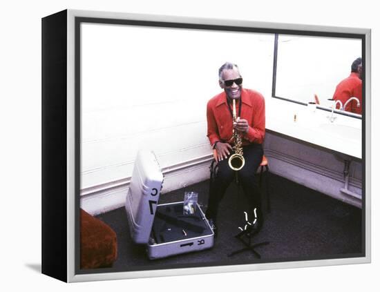 Ray Charles with His Alto Saxophone Backstage-null-Framed Stretched Canvas