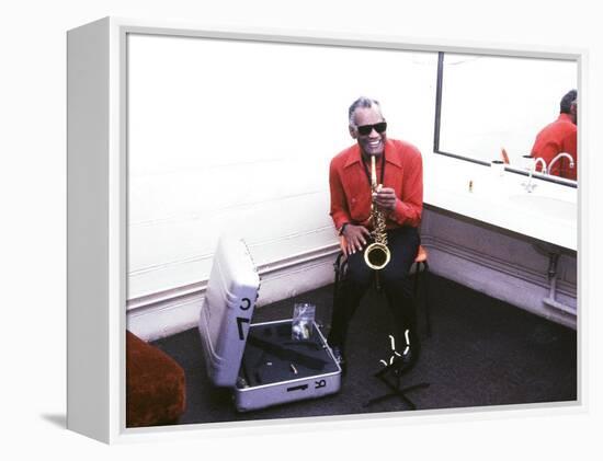 Ray Charles with His Alto Saxophone Backstage-null-Framed Stretched Canvas