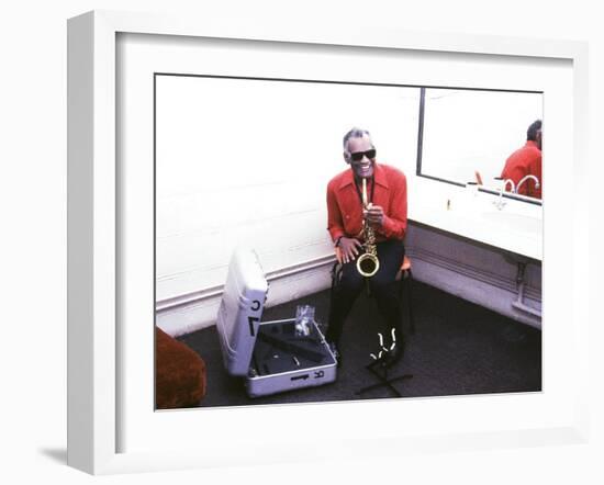 Ray Charles with His Alto Saxophone Backstage-null-Framed Photo