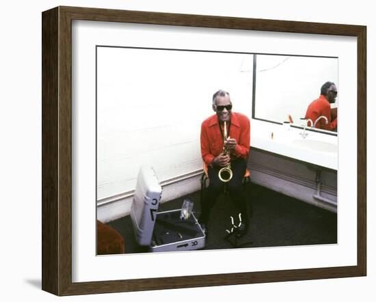 Ray Charles with His Alto Saxophone Backstage-null-Framed Photo