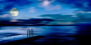 A Atmospheric Evening Shot of a Jetty Featuring a Full Moon and Blue Sky in Slovenia, Europe-Ray Watkins-Framed Premier Image Canvas