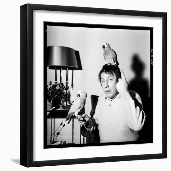 Raymond Devos with Two Parrots in Colmar, August 3968-Marcel Begoin-Framed Photographic Print