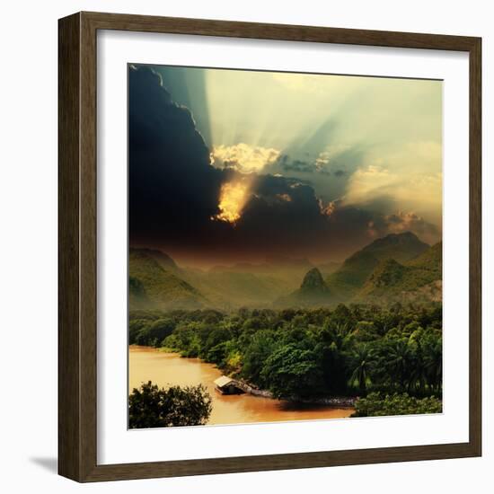 Rays on Sky over Khwae Yai River Which Is in Thailand-Sergiy Serdyuk-Framed Photographic Print