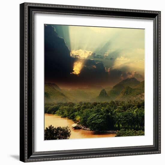 Rays on Sky over Khwae Yai River Which Is in Thailand-Sergiy Serdyuk-Framed Photographic Print