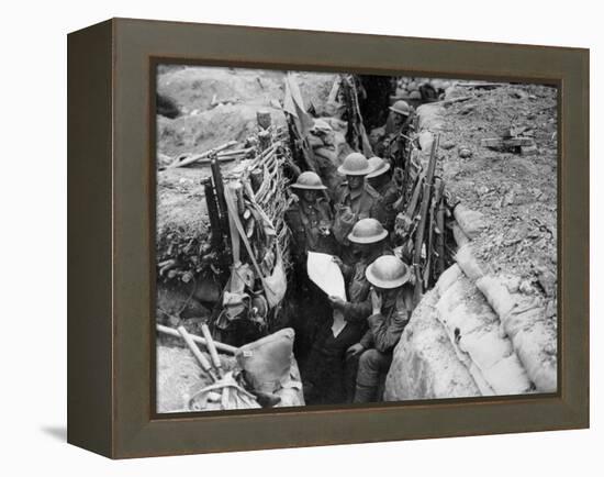 Reading a Newspaper in the Trenches, 1916-17-English Photographer-Framed Premier Image Canvas