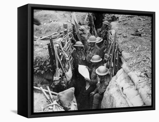 Reading a Newspaper in the Trenches, 1916-17-English Photographer-Framed Premier Image Canvas