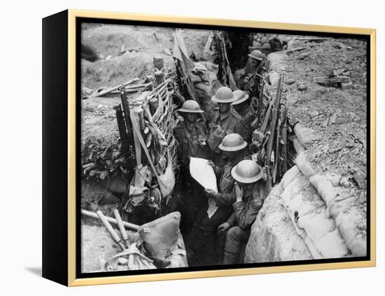 Reading a Newspaper in the Trenches, 1916-17-English Photographer-Framed Premier Image Canvas