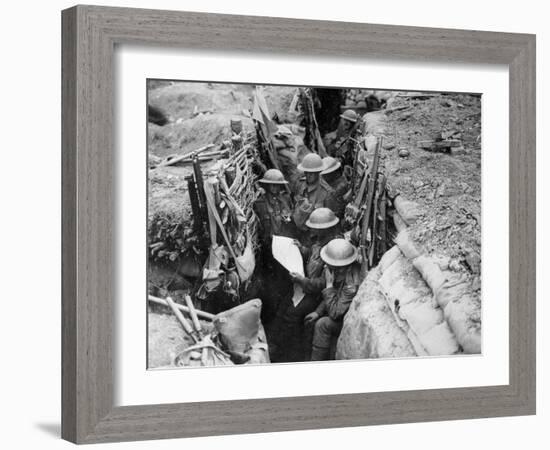 Reading a Newspaper in the Trenches, 1916-17-English Photographer-Framed Photographic Print