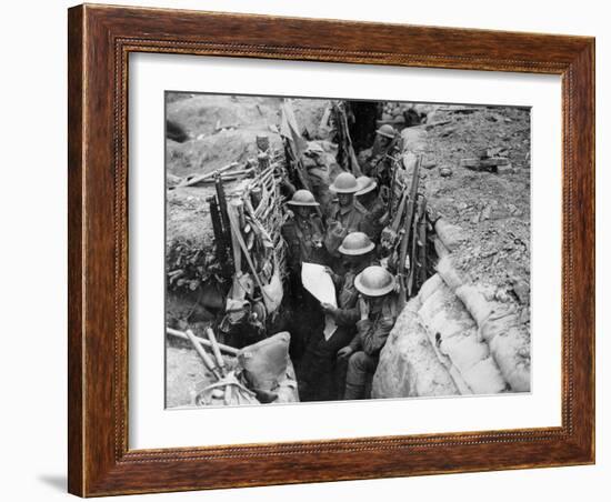 Reading a Newspaper in the Trenches, 1916-17-English Photographer-Framed Photographic Print