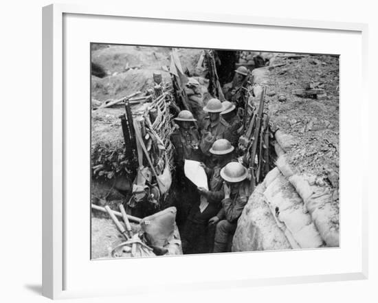 Reading a Newspaper in the Trenches, 1916-17-English Photographer-Framed Photographic Print