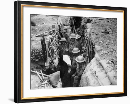 Reading a Newspaper in the Trenches, 1916-17-English Photographer-Framed Photographic Print