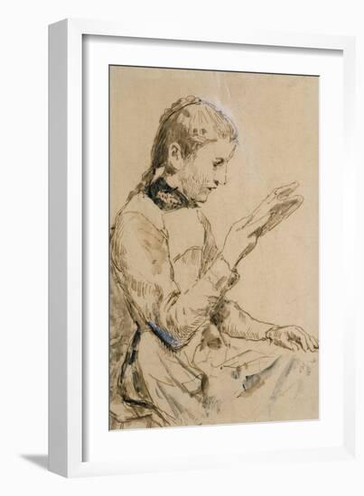 Reading Girl pen and ink on paper-Albert Anker-Framed Giclee Print