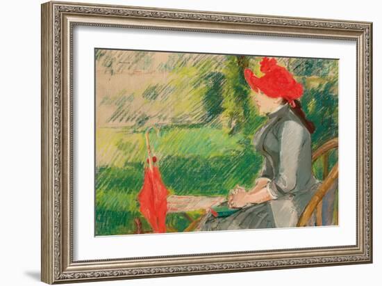 Reading in the Garden; or Woman in Red Hat, C. 1880-1882 (Pastel and Charcoal on Canvas)-Eva Gonzales-Framed Giclee Print