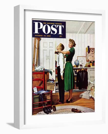 "Readying for First Date," Saturday Evening Post Cover, October 16, 1948-George Hughes-Framed Giclee Print