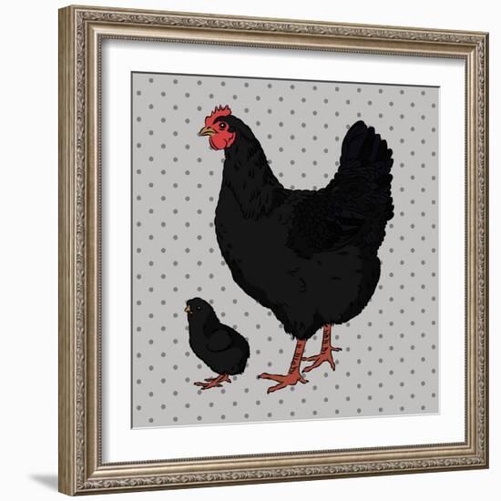 Realistic Black Chicken and Baby Chick Side View-dNaya-Framed Art Print