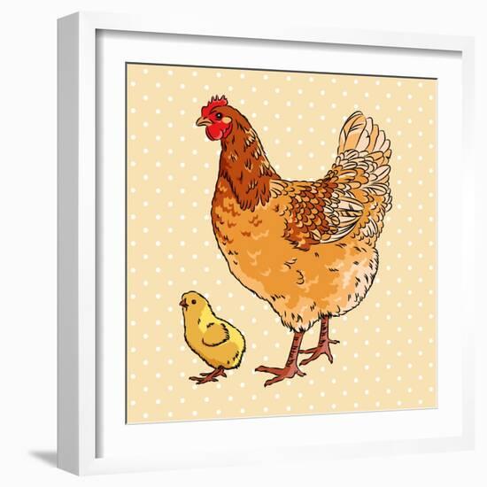 Realistic Broody Chicken and Baby Chick Side View-dNaya-Framed Art Print
