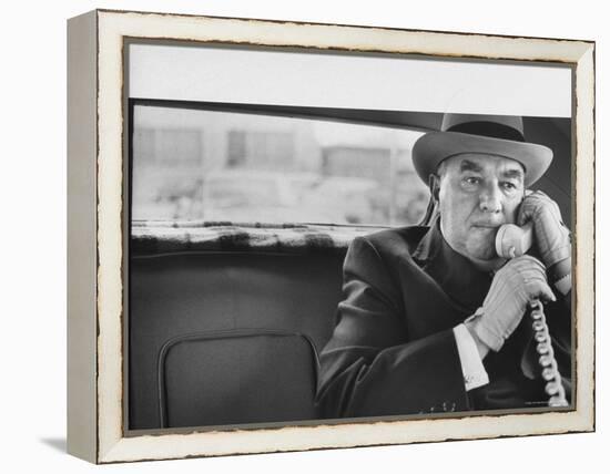 Realtor William J. Zeckendorf, Sitting in the Back Seat of His Limousine Talking on the Telephone-John Loengard-Framed Premier Image Canvas