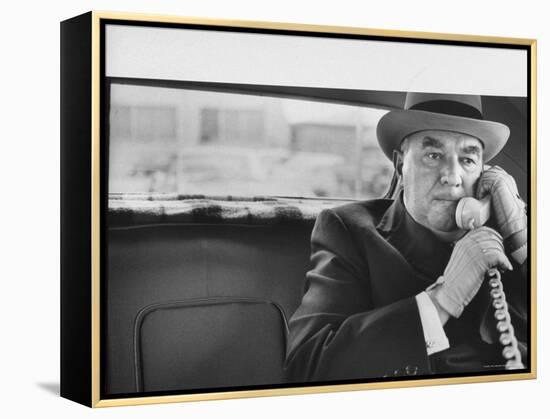 Realtor William J. Zeckendorf, Sitting in the Back Seat of His Limousine Talking on the Telephone-John Loengard-Framed Premier Image Canvas