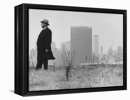 Realtor William J. Zeckendorf, Standing in the Wind Fields Located on the Outskirts of the City-John Loengard-Framed Premier Image Canvas