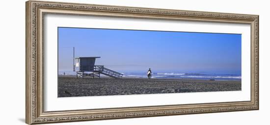 Rear View of a Surfer on the Beach, Santa Monica, Los Angeles County, California, USA-null-Framed Photographic Print